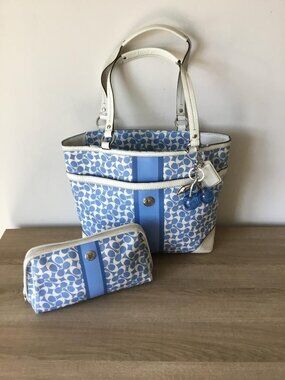 Coach Chelsea Heritage Signature Tote w/Pouch Blue & White w/Blue Cherries Charm